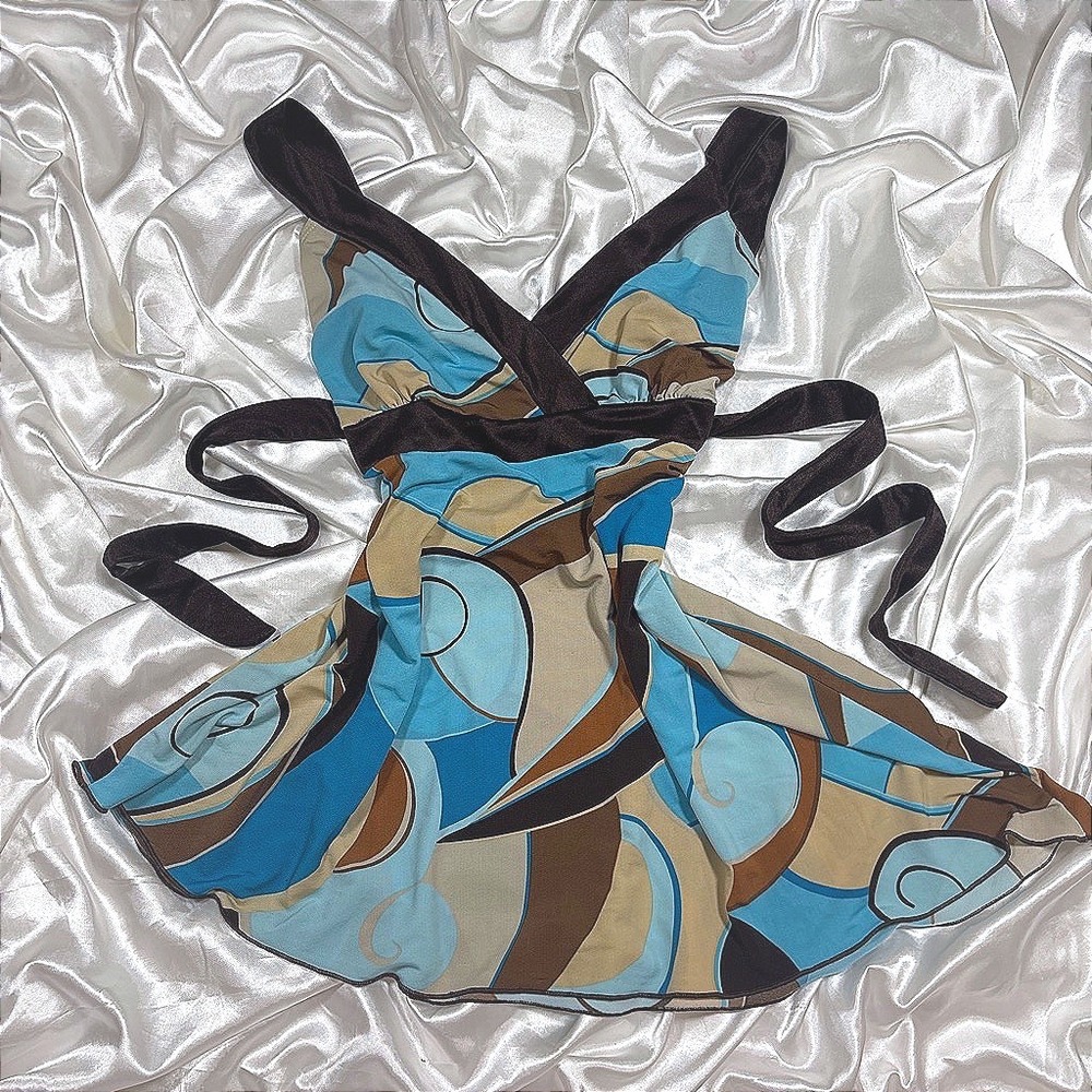y2k Maurices Crossover Top Blue Brown Excellent Abstract Swirl Empire Waist XL